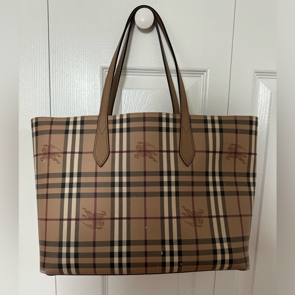 Burberry Beige Plaid Canvas Tote with Tan Leather Handles - Picture 2 of 4
